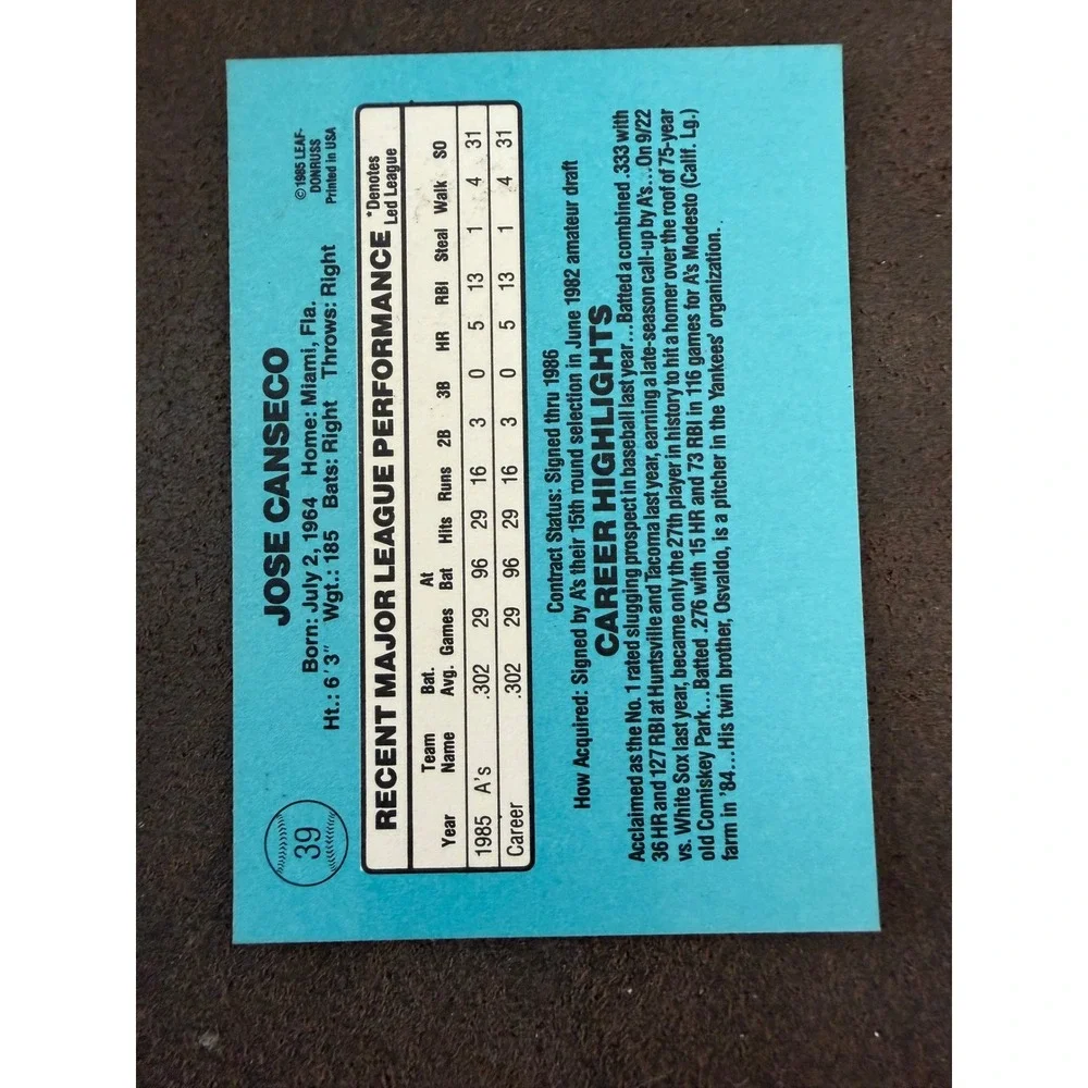 1986 Donruss Jose Canseco Rated Rookie Oakland Athletics Baseball Card 39